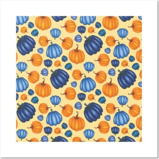 Pretty Blue & Orange Pumpkin Pattern on a Yellow Background Posters and Art